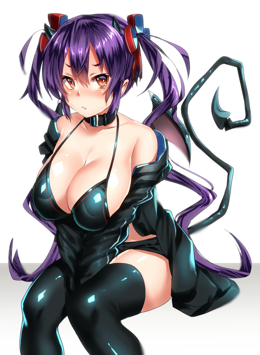 1girl bare_shoulders belt_collar black_legwear blush breasts cleavage demon_tail highres keita_(tundereyuina) large_breasts looking_at_viewer original purple_hair red_eyes simple_background solo tail thigh-highs white_background