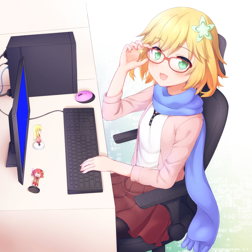 &gt;:o 3girls :3 :o ahoge bat_hair_ornament blonde_hair blue_screen_of_death cardigan casual chair chisaki_tapris_sugarbell commentary_request computer computer_mouse desk faubynet figure flower gabriel_dropout glasses green_eyes hair_flower hair_ornament hair_rings hands_up highres holding holding_glasses instrument keyboard kurumizawa_satanichia_mcdowell leggings long_scarf looking_at_viewer monitor multiple_girls nendoroid open_mouth pantyhose pink_cardigan pleated_skirt redhead revision scarf school_uniform screen short_hair sitting skirt sleeves_past_elbows smile sparkle tenma_gabriel_white white_background