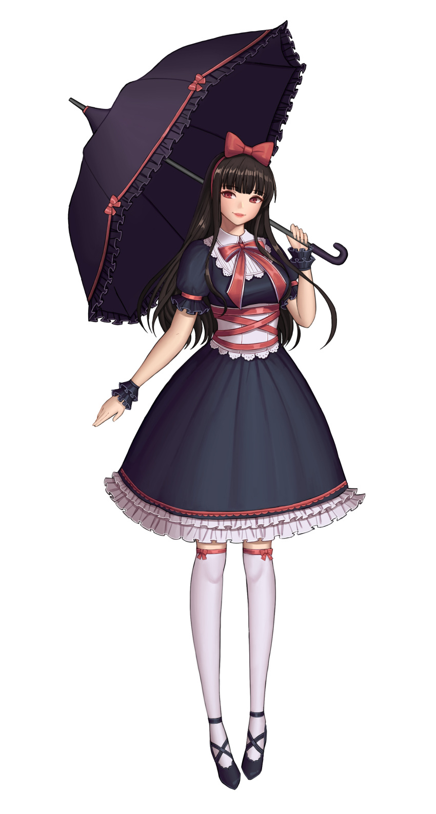 1girl absurdres blush bow corgi_(artist) full_body gothic_lolita hair_bow hairband highres holding holding_umbrella lolita_fashion looking_at_viewer original parasol parted_lips puffy_short_sleeves puffy_sleeves red_bow red_eyes short_sleeves smile solo thigh-highs umbrella white_legwear