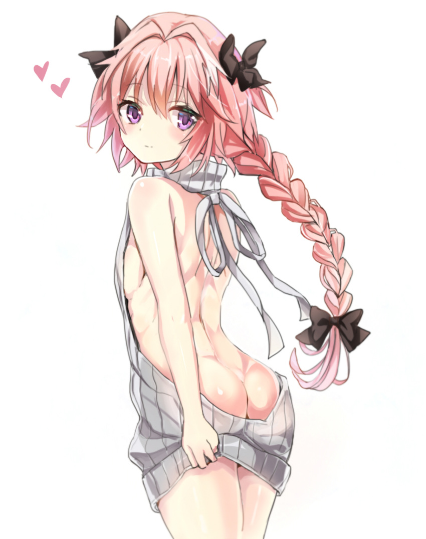 1boy ass backless_outfit bare_arms bare_back black_bow blush bow braid dress fate/apocrypha fate/grand_order fate_(series) hair_ribbon highres male_focus meme_attire naked_sweater open-back_dress pink_hair ribbon rider_of_black shuwalight single_braid sweater sweater_dress trap turtleneck turtleneck_sweater violet_eyes virgin_killer_sweater