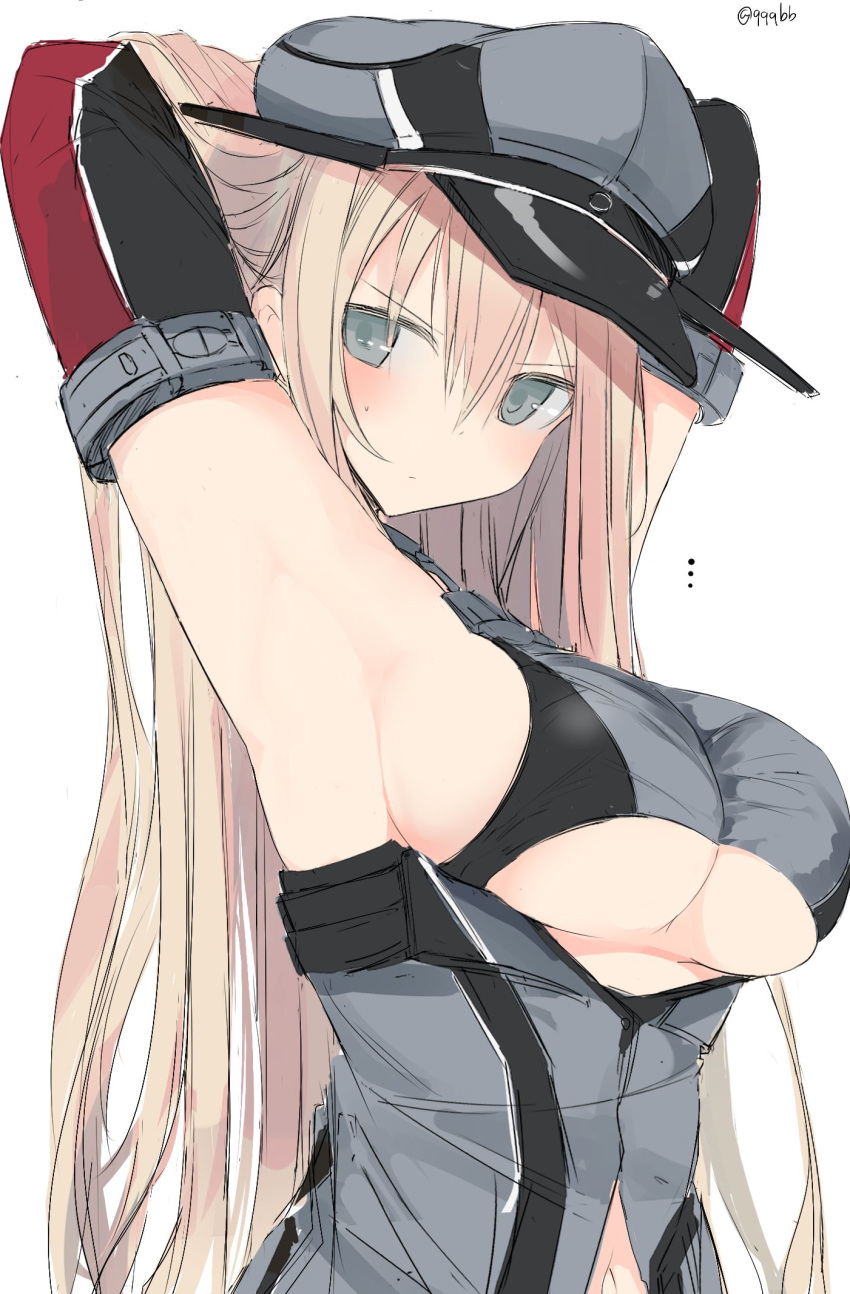 10s 1girl armpits arms_behind_head bare_shoulders bismarck_(kantai_collection) black_gloves blonde_hair blue_eyes blush breasts closed_mouth elbow_gloves gloves grey_hat grey_jacket hair_between_eyes hat highres kantai_collection large_breasts long_hair looking_at_viewer nao_(qqqbb) peaked_cap remodel_(kantai_collection) sideboob simple_background sketch solo twitter_username under_boob white_background