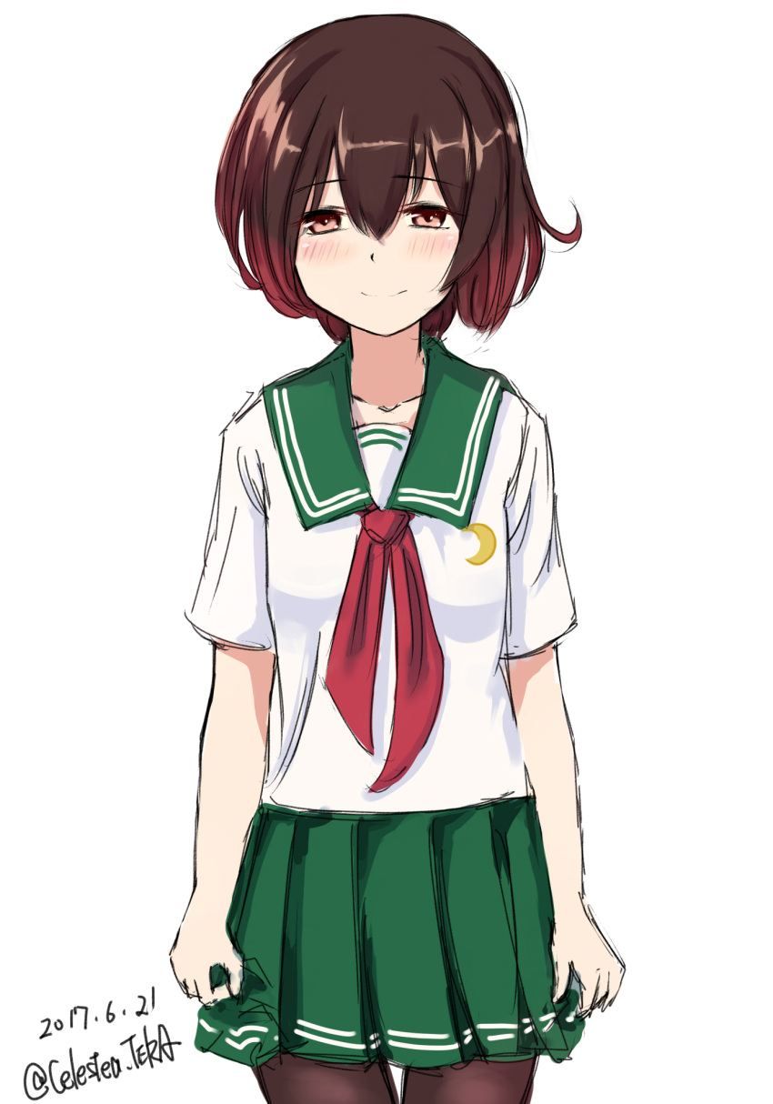 10s 1girl 2017 adapted_costume alternate_costume brown_hair celestea_tera crescent crescent_moon_pin dated gradient_hair green_sailor_collar green_skirt highres kantai_collection multicolored_hair mutsuki_(kantai_collection) neckerchief pantyhose pleated_skirt red_neckerchief redhead remodel_(kantai_collection) school_uniform serafuku short_hair simple_background skirt smile solo standing twitter_username white_background