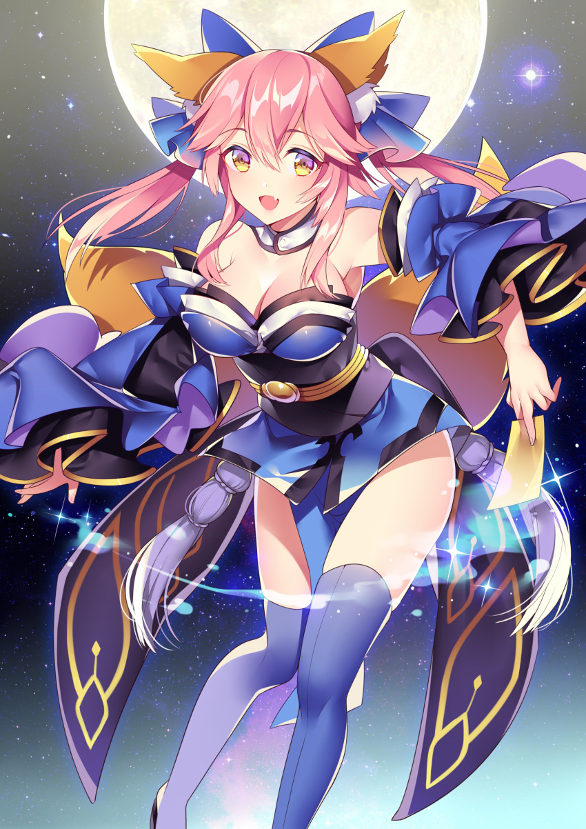 1girl :d absurdres animal_ears bad_id bad_pixiv_id blue_legwear breasts choker cleavage detached_sleeves eyebrows_visible_through_hair fang fate/extra fate_(series) fox_ears fox_tail full_moon highres holding large_breasts leaning_forward long_hair looking_at_viewer may_(2747513627) moon multiple_tails open_mouth pink_hair sky smile solo standing star_(sky) starry_sky strapless tail tamamo_(fate)_(all) tamamo_no_mae_(fate) thigh-highs twintails yellow_eyes