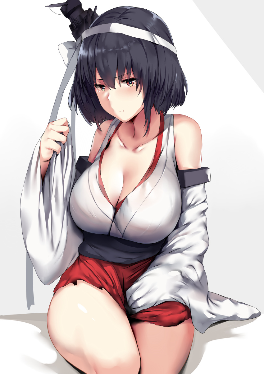 10s 1girl :t absurdres bandanna bare_shoulders black_hair breasts cleavage collarbone detached_sleeves hair_ornament headgear hews_hack highres huge_filesize japanese_clothes kantai_collection large_breasts looking_at_viewer nontraditional_miko patreon_reward pout remodel_(kantai_collection) short_hair sitting skirt solo tears torn_clothes torn_skirt wide_sleeves yamashiro_(kantai_collection)