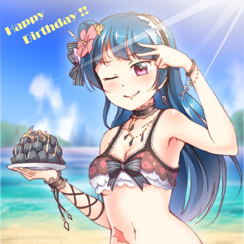 bikini blue_hair blush long_hair love_live!_sunshine!! pink_eyes smile tsushima_yoshiko wink