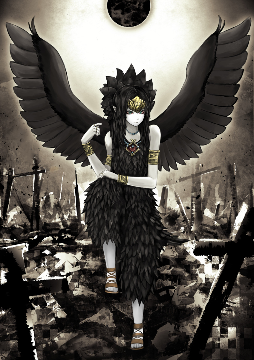 1girl armlet bare_shoulders bead_necklace beads bird_wings black_dress black_hair black_moon black_wings bracelet dress duel_monster fabled_grimro feathered_wings forehead_protector full_body full_moon green_eyes highres jewelry kaze_minoru_so-ru long_hair looking_at_viewer moon necklace pale_skin pointy_ears red_sclera ruins solo wings yu-gi-oh!