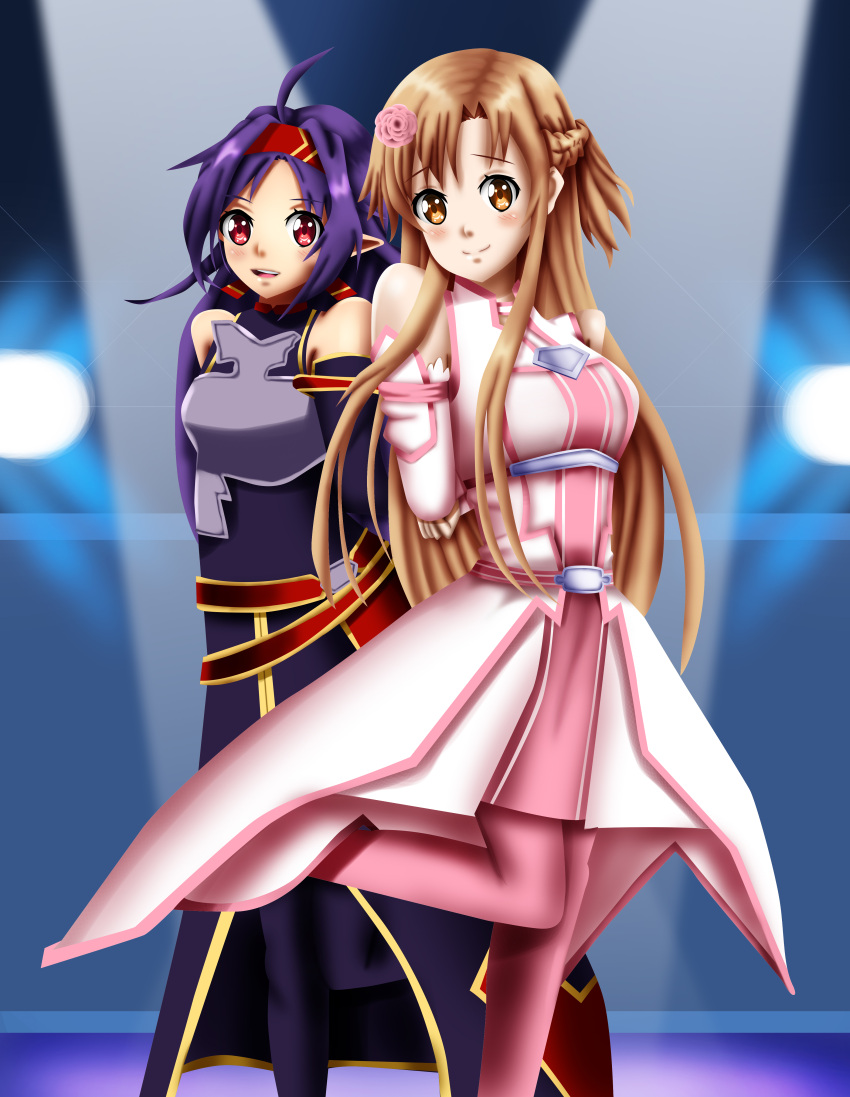 2girls arms_behind_back asuna_(sao) brown_eyes brown_hair dance dancing happy ice_skating pose purple_hair sincity2100 smile sword_art_online violet_hair white_dress yuuki_(sao) yuuki_asuna