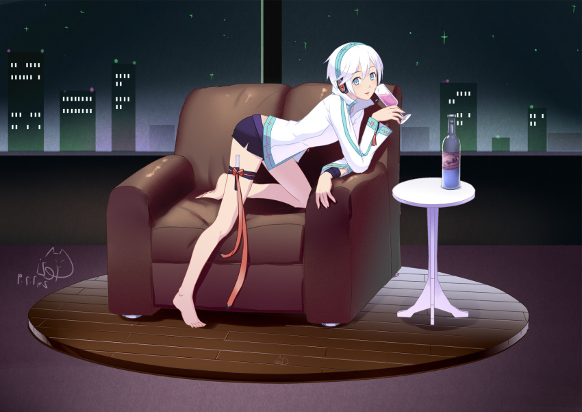 1girl alcohol armchair barefoot blue_eyes blush bottle chair cup dongqing_zaozigao drinking_glass eyebrows_visible_through_hair highres holding holding_drinking_glass looking_at_viewer on_chair parted_lips signature smile solo table voiceroid white_hair wine wine_bottle wine_glass yanhe