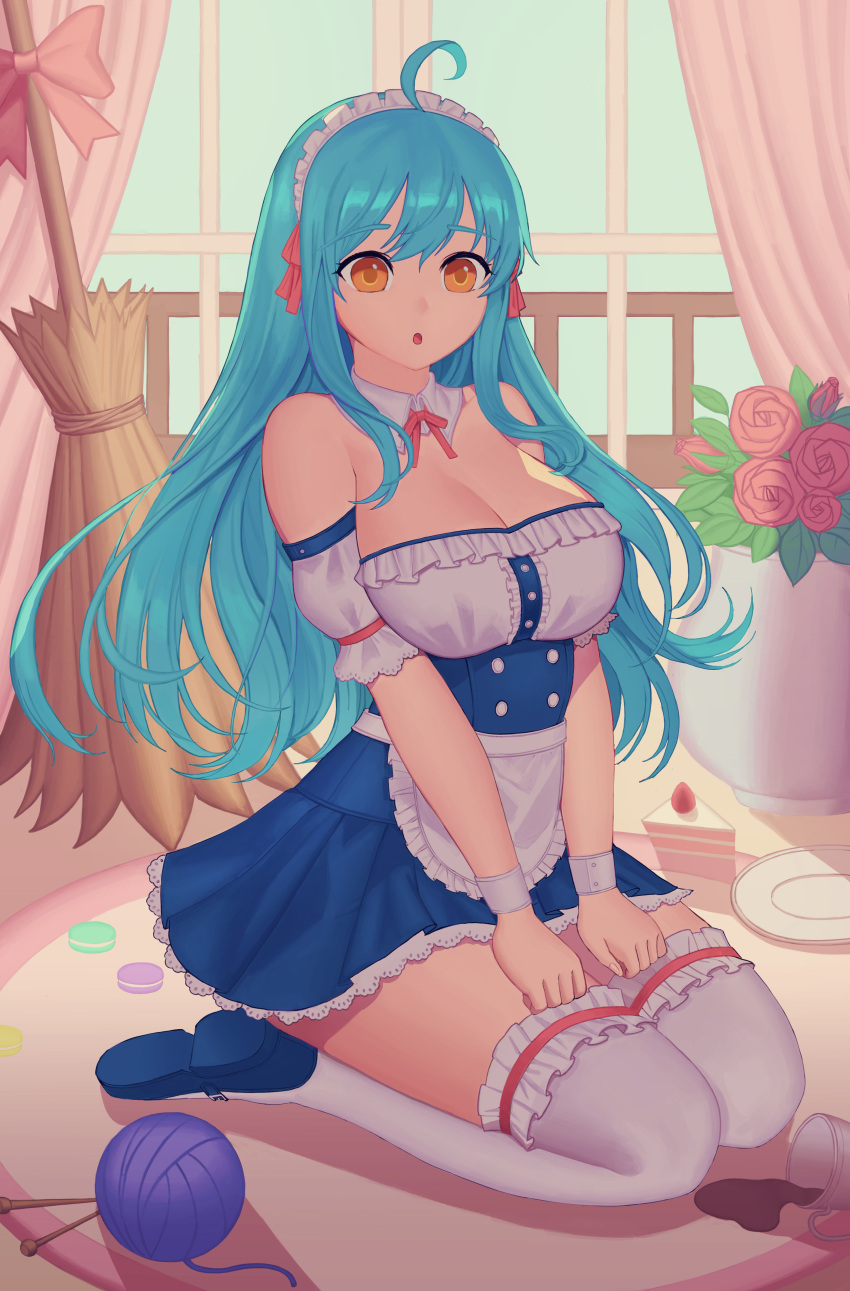 1girl :o absurdres ahoge apron aqua_hair bare_shoulders blue_dress blue_shoes breasts broom cake carpet cleavage clenched_hands coffee coffee_cup corgi_(artist) curtains detached_collar detached_sleeves dish dress female flower food frilled_legwear full_body hair_ribbon hands_on_own_legs hands_on_own_thighs highres indoors lace lace-trimmed_dress large_breasts light_blue_hair long_hair looking_at_viewer macaron maid maid_headdress neck open_mouth orange_eyes pleated_dress red_rose ribbon rose seiza shoes short_sleeves sidelocks sitting solo spill strapless strapless_dress strawberry_shortcake thigh-highs v_arms waist_apron white_legwear window wrist_cuffs yarn_ball