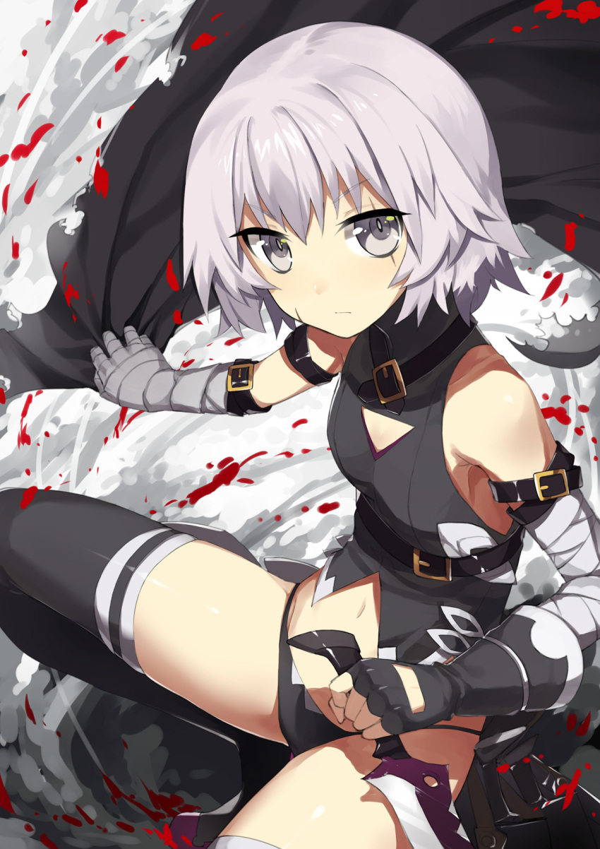 1girl arm_belt assassin_of_black bandage bandaged_arm bangs bare_shoulders belt_buckle black_belt black_boots black_gloves black_panties black_shirt boots buckle closed_mouth expressionless eyebrows_visible_through_hair fate/apocrypha fate_(series) fingerless_gloves gloves grey_eyes grey_hair halter_top halterneck highres holding holding_knife holding_weapon knife looking_at_viewer navel panties reverse_grip scabbard scar scar_across_eye scar_on_cheek sh_(562835932) sheath sheathed shirt short_hair single_glove sleeveless sleeveless_shirt solo squatting thigh-highs thigh_boots turtleneck underwear unsheathed weapon