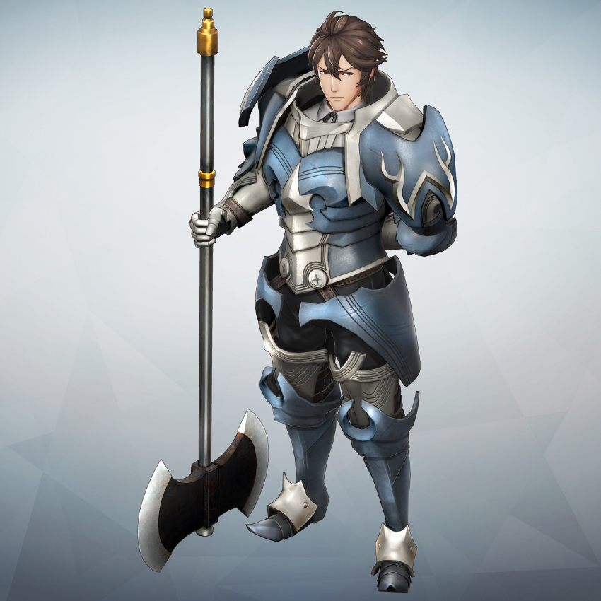 1boy armor axe battle_axe black_pants blue_armor brown_eyes brown_hair fire_emblem fire_emblem:_kakusei fire_emblem_musou frederik_(fire_emblem) full_body gauntlets gradient gradient_background greaves highres holding looking_at_viewer male_focus official_art pants serious short_hair shoulder_armor simple_background solo standing weapon