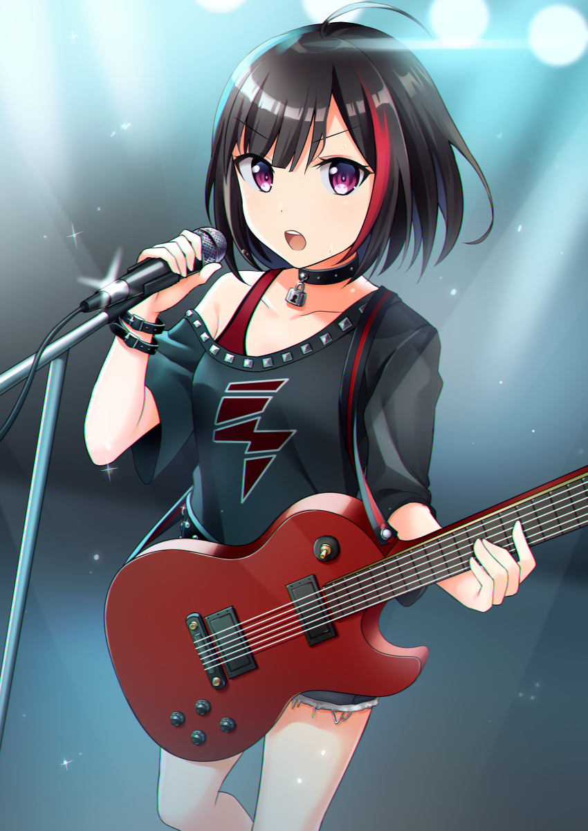 1girl absurdres bang_dream! black_hair blush bracelet collar collarbone eyebrows_visible_through_hair guitar highres holding holding_instrument holding_microphone instrument jewelry keyhole lock looking_at_viewer microphone microphone_stand mitake_ran multicolored_hair open_mouth pink_eyes redhead short_hair solo sweatdrop teeth two-tone_hair yuusa