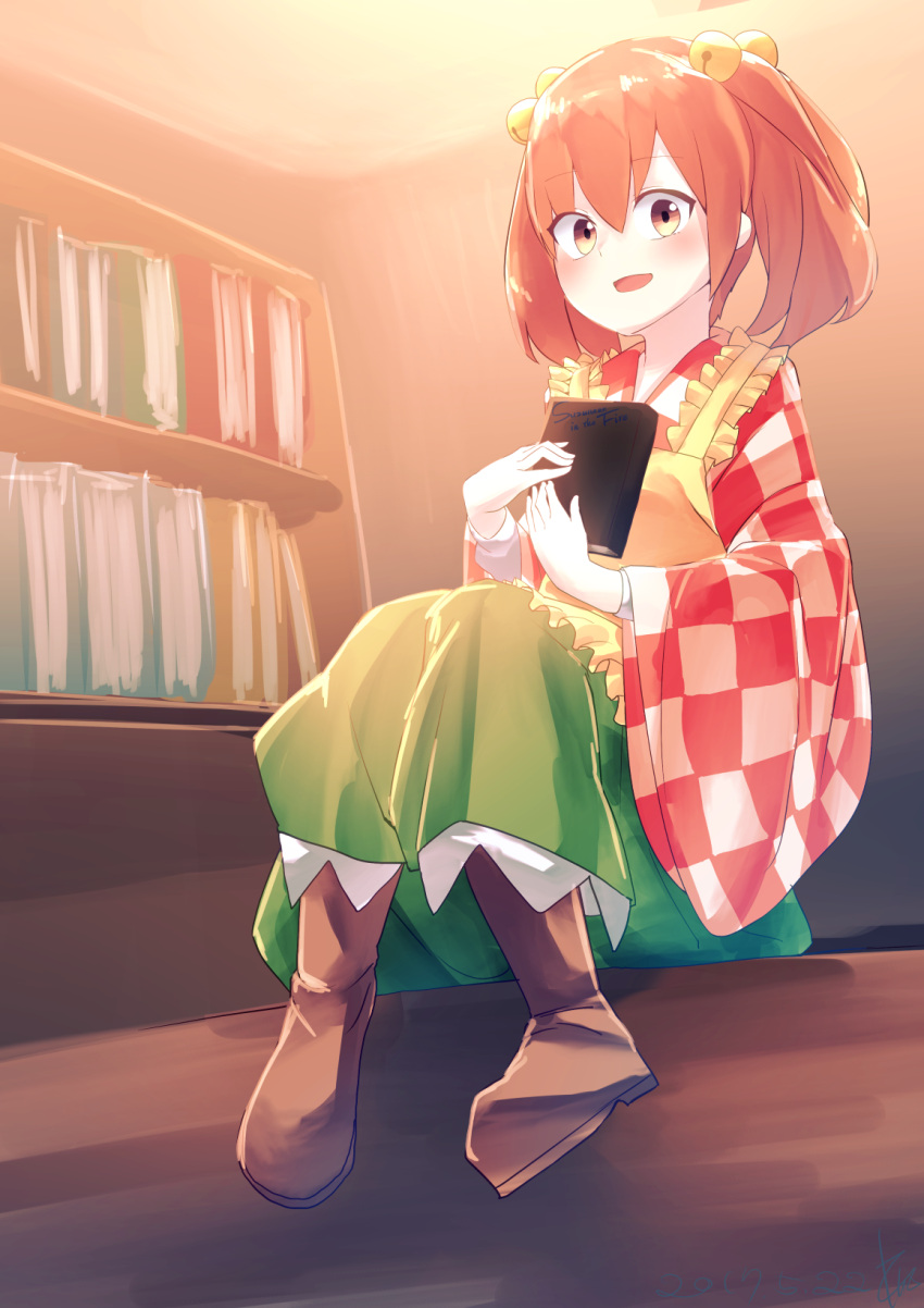 1girl apron bangs bell blush book boots brown_boots brown_eyes brown_hair checkered checkered_kimono eyebrows_visible_through_hair full_body hair_bell hair_ornament highres holding holding_book japanese_clothes kimono kisamu_(ksmz) long_sleeves looking_at_viewer motoori_kosuzu open_mouth shelf sitting solo touhou twintails wide_sleeves yellow_apron