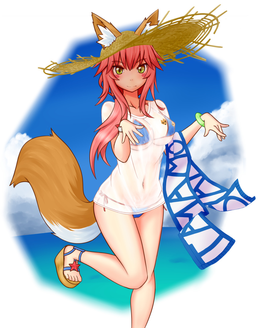 1girl absurdres animal_ears bikini blue_bikini blush blush_stickers breasts cleavage collarbone day ears_through_headwear fang fate/extra fate/grand_order fate_(series) feniny fox_ears fox_tail full_body hat highres large_breasts long_hair looking_at_viewer nature navel ocean outdoors pink_hair see-through solo swimsuit tail tamamo_(fate)_(all) tamamo_no_mae_(swimsuit_lancer)_(fate) yellow_eyes