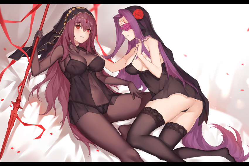ass babydoll bangs bare_arms bare_shoulders bed bed_sheet black_babydoll black_bow black_legwear black_panties black_thong black_wing blindfold bodysuit bow bow_panties breasts brown_bodysuit chemise collarbone covered_navel erect_nipples eyebrows_visible_through_hair fate/grand_order fate/stay_night fate_(series) flower from_behind gae_bolg hair_flower hair_ornament hair_twirling hands_up highres holding holding_weapon indoors kneeling lace-trimmed_panties large_breasts letterboxed lingerie long_hair looking_at_viewer looking_back on_bed panties panties_under_pantyhose pantyhose petals pink_lips polearm purple_hair red_eyes red_flower rider scathach_(fate/grand_order) sideboob sitting sitting_on_bed smile spear teeth thigh-highs thong thong_panties turtleneck underwear veil very_long_hair violet_eyes weapon yykuaixian