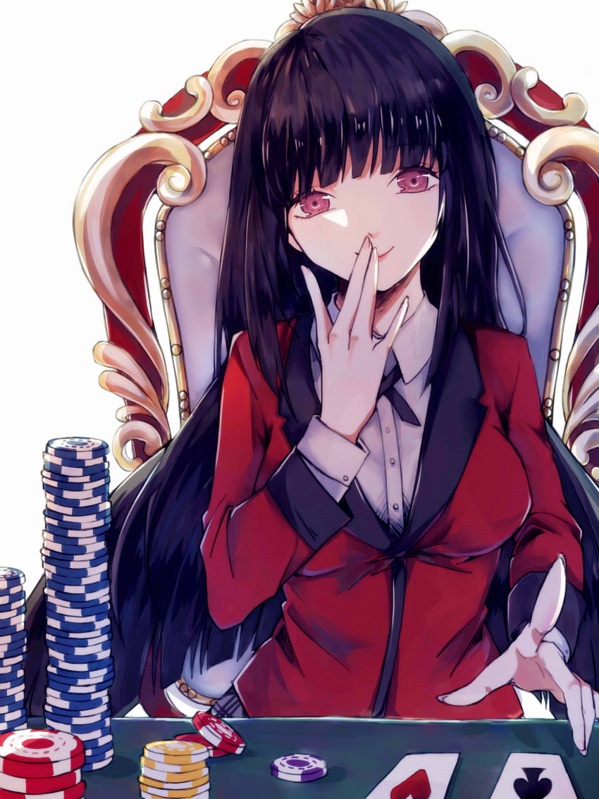 1girl black_hair black_ribbon blush breasts card chair commentary_request fingernails fingers_to_mouth formal highres hime_cut jabami_yumeko kakegurui lips long_hair looking_at_viewer medium_breasts playing_card poker_chip red_eyes red_suit ribbon school_uniform shirt sitting smile solo suit suit_jacket very_long_hair white_background ykelo