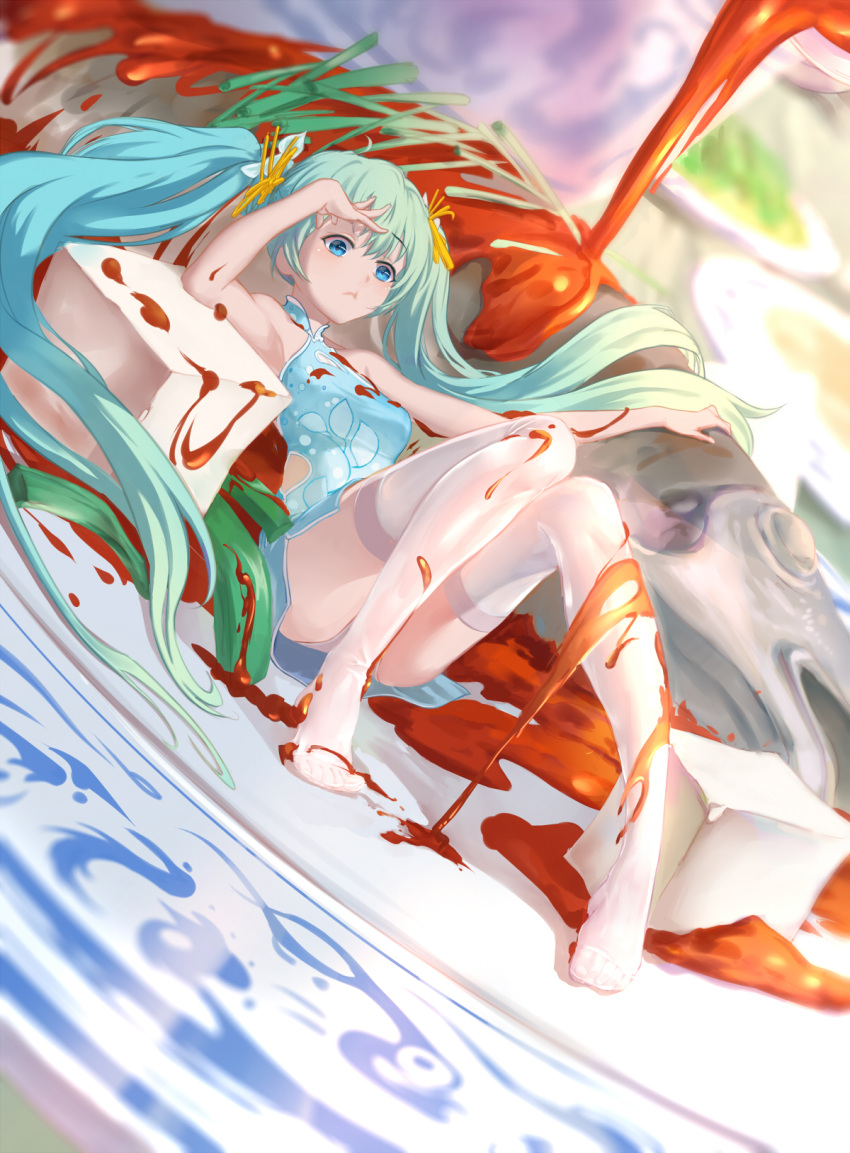 1girl :t aqua_eyes aqua_hair armpits bangs bare_shoulders blue_dress blue_eyes breasts china_dress chinese_clothes commentary_request convenient_leg dress dutch_angle fish food frown full_body hand_on_own_forehead hand_to_forehead hatsune_miku highres in_food long_hair long_twintails looking_at_viewer medium_breasts messy minigirl no_shoes plate reclining sauce shan-n short_dress side_slit sleeveless sleeveless_dress solo thigh-highs thighs tofu twintails very_long_hair vocaloid white_legwear