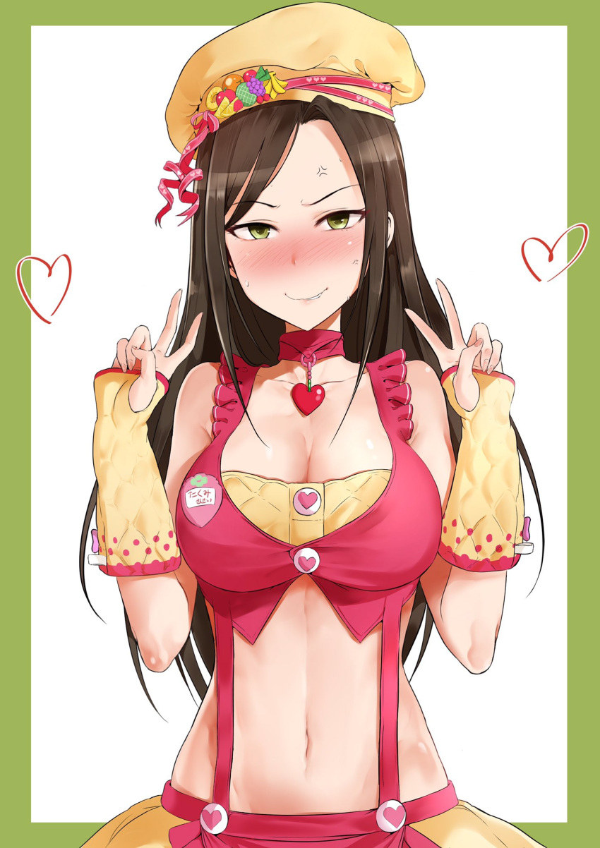 1girl anger_vein bare_shoulders black_hair blush breasts chef_hat cleavage collar collarbone commentary_request double_v embarrassed food_themed_hair_ornament forced_smile frills full-face_blush green_border green_eyes hair_ornament hands_up hat heart_pendant highres idolmaster idolmaster_cinderella_girls large_breasts leewh1515 long_hair looking_at_viewer midriff mukai_takumi navel oven_mitts red_ribbon ribbon skirt solo suspender_skirt suspenders sweatdrop v waist white_background