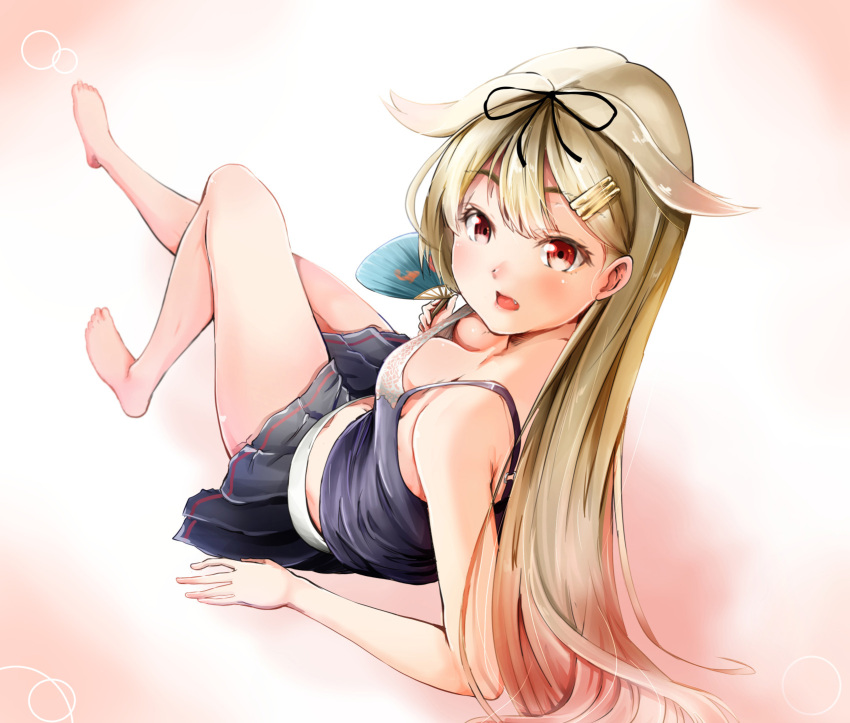 10s 1girl adapted_costume barefoot black_skirt black_tank_top blonde_hair blush breasts cleavage fan from_above gradient gradient_background hair_flaps hair_ornament hair_tie hairclip highres kantai_collection long_hair medium_breasts midriff paper_fan pleated_skirt red_eyes remodel_(kantai_collection) sezoku skirt solo yuudachi_(kantai_collection)
