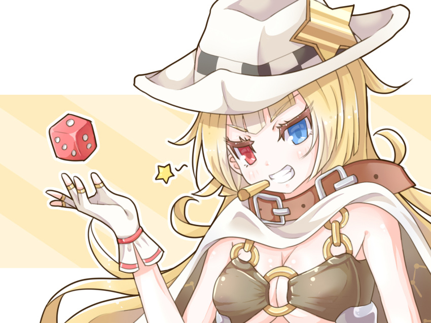 1girl bangs belt bikini_top blonde_hair blue_eyes breasts cape checkered cigarette cleavage cowboy_hat dice gloves grin hand_up hat heterochromia highres iese'niya long_hair looking_at_viewer nevada_(zhan_jian_shao_nyu) o-ring_top open_hand raised_eyebrows red_eyes simple_background smile solo star upper_body white_cape white_gloves white_hat zhan_jian_shao_nyu