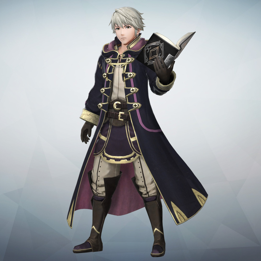 1boy bangs book boots brown_eyes cloak detached_sleeves fire_emblem fire_emblem:_kakusei fire_emblem_musou full_body gloves gradient gradient_background highres holding holding_book knee_boots long_coat looking_at_viewer male_focus male_my_unit_(fire_emblem:_kakusei) my_unit_(fire_emblem:_kakusei) official_art pants short_hair simple_background solo standing white_hair