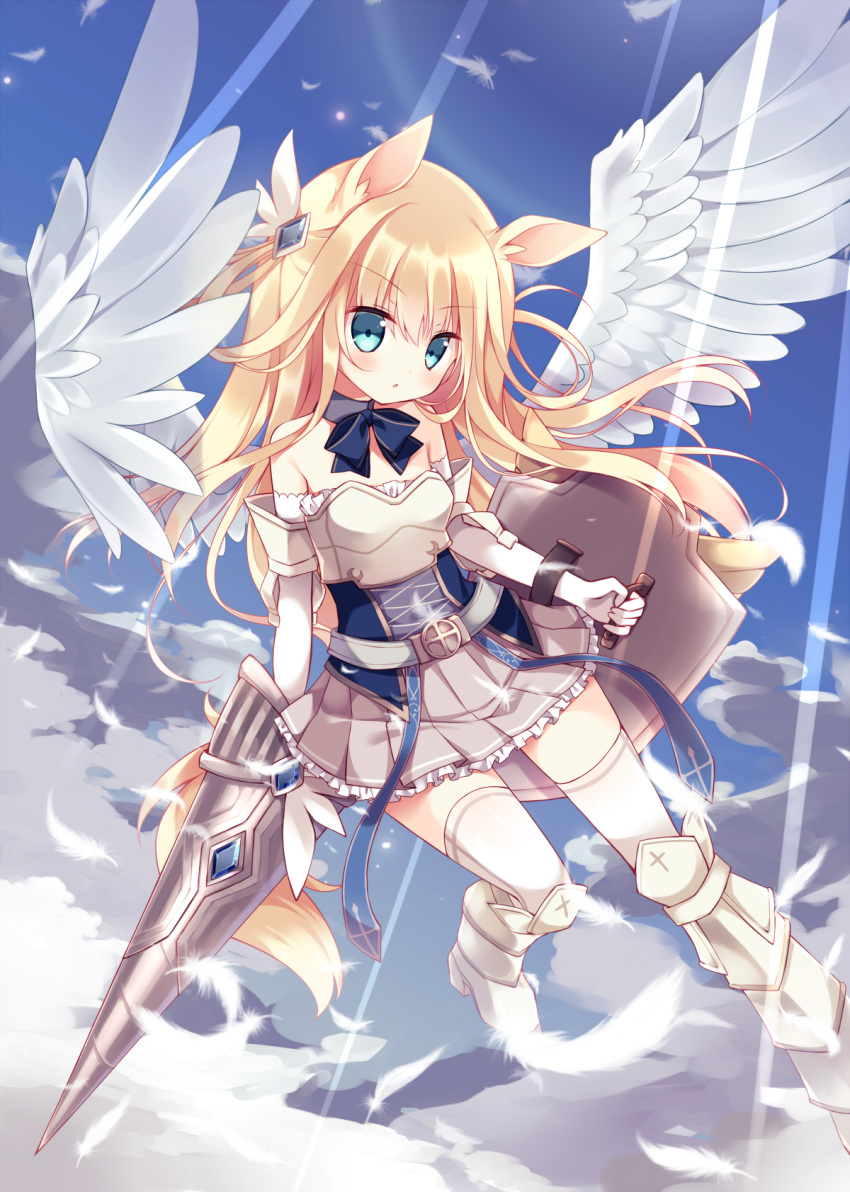 1girl angel_wings animal_ears armor armored_boots belt black_ribbon blonde_hair bluhs boots breastplate choker day elbow_gloves eyebrows_visible_through_hair feathered_wings flat_cehst floating_hair frilled_skirt frills full_body gloves green_eyes grey_skirt hair_ornament high_heel_boots high_heels highres holding holding_weapon hoshi_(snacherubi) lance lens_flare long_hair miniskirt original outdoors parted_lips pleated_skirt polearm ribbon ribbon_choker shield skirt sky solo thigh-highs very_long_hair violet_eyes weapon white_feathers white_gloves white_legwear white_wings wings