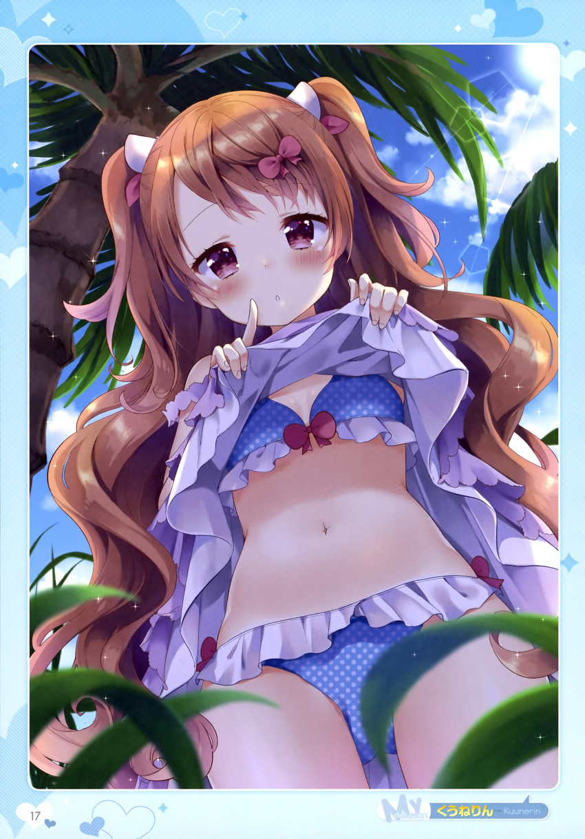 1girl absurdres bikini blue_bikini blush bow breasts brown_eyes brown_hair cleavage clouds cloudy_sky day dress dress_lift eyebrows_visible_through_hair frilled_bikini frills from_below hair_bow highres index_finger_raised kuune_rin lens_flare long_hair looking_at_viewer navel original outdoors palm_tree parted_lips red_bow sky small_breasts solo swimsuit tree two_side_up very_long_hair