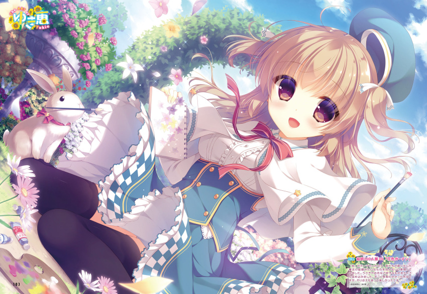 1girl :d black_legwear blonde_hair brown_eyes capelet clouds cloudy_sky day dutch_angle floating_hair hair_ribbon highres long_hair looking_at_viewer mouth_hold neck_ribbon open_mouth original outdoors pink_flower rabbit red_ribbon ribbon shirt sitting skirt sky smile solo thigh-highs two_side_up white_flower white_ribbon white_shirt yukie_(peach_candy)