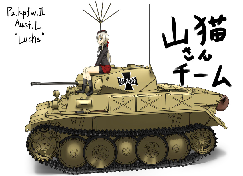 1girl blonde_hair emblem girls_und_panzer grey_hair ground_vehicle highres kuromorimine_(emblem) kuromorimine_military_uniform long_hair military military_vehicle motor_vehicle mujin_teisatsuki original panzerkampfwagen_ii skirt tank