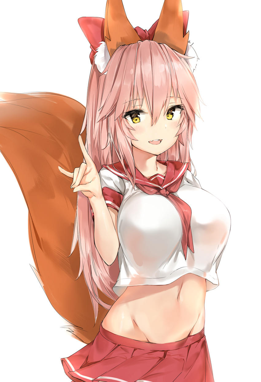 1girl animal_ears astolfo_(fate) astolfo_(fate)_(cosplay) bad_id bad_pixiv_id bangs between_breasts breasts commentary_request fate/extra fate_(series) fox_ears fox_shadow_puppet fox_tail groin hair_between_eyes hair_ribbon hand_gesture highres large_breasts long_hair looking_at_viewer midriff navel neckerchief open_mouth pink_hair pleated red_neckerchief red_ribbon ribbon school_uniform serafuku shirt silver_(chenwen) simple_background solo tail tamamo_(fate)_(all) tamamo_no_mae_(fate) white_background white_shirt yellow_eyes