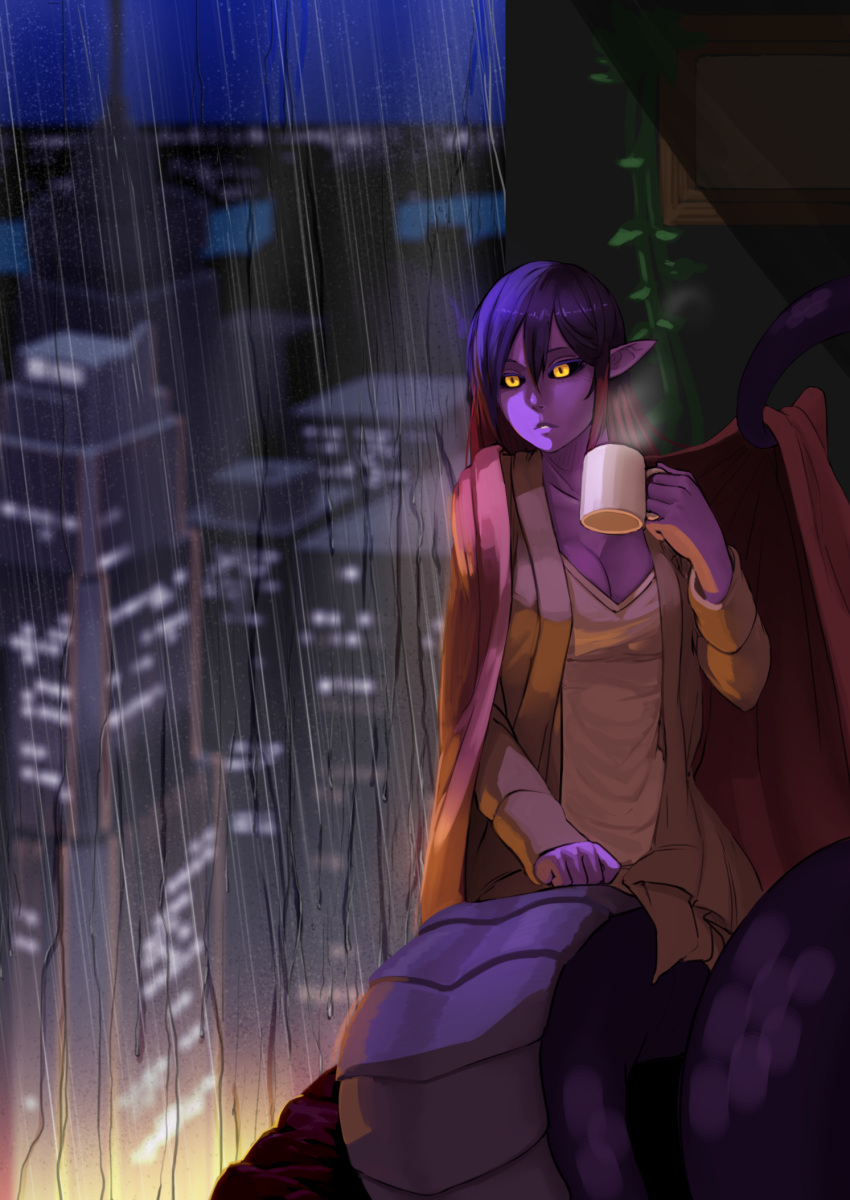 :&lt; apophis_(monster_girl_encyclopedia) black_sclera blanket blue_hair breasts cityscape cleavage cup gradient_hair head_rest highres lamia less looking_afar medium_breasts monster_girl monster_girl_encyclopedia multicolored_hair pointy_ears prehensile_tail purple_scales purple_skin rain redhead slit_pupils snake_tail window yellow_eyes