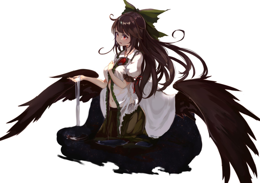 1girl black_hair black_wings bow cape commentary_request faux_figurine green_bow green_skirt hair_bow highres homo_1121 long_hair navel puffy_short_sleeves puffy_sleeves red_eyes reiuji_utsuho shirt short_sleeves simple_background skirt solo space starry_sky_print third_eye touhou wading white_background white_shirt wings