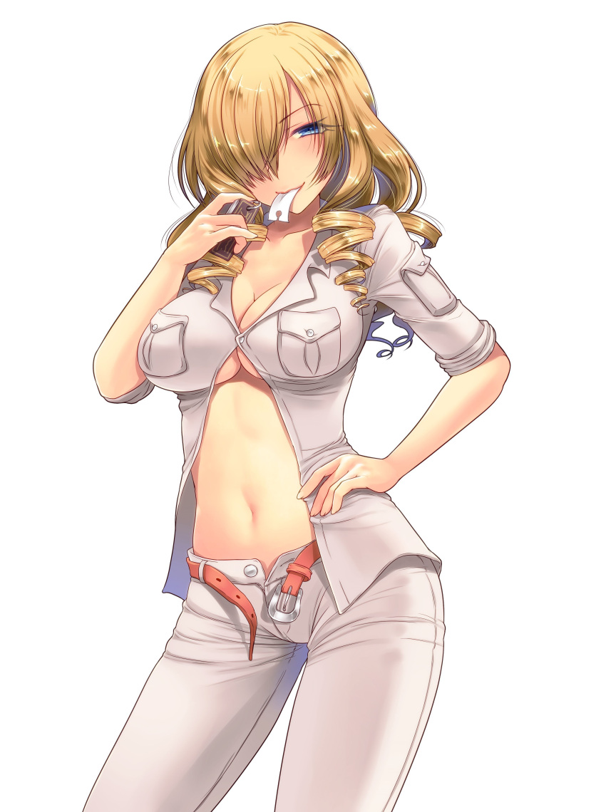 108_gou 1girl absurdres bangs belt blonde_hair blue_eyes blush breast_pocket breasts buttons cleavage collarbone cowboy_shot drill_hair drill_locks eyebrows_visible_through_hair eyelashes fingernails hair_over_one_eye hand_on_hip hand_up highres holding large_breasts legs_apart long_hair looking_at_viewer midriff mouth_hold navel open_clothes open_fly open_shirt oriana_thomason pants paper pocket shirt short_sleeves simple_background sleeves_rolled_up smile solo standing stomach to_aru_majutsu_no_index uchi_no_hime-sama_ga_ichiban_kawaii unbuckled_belt unbuttoned unbuttoned_pants under_boob undone_belt white_background white_pants
