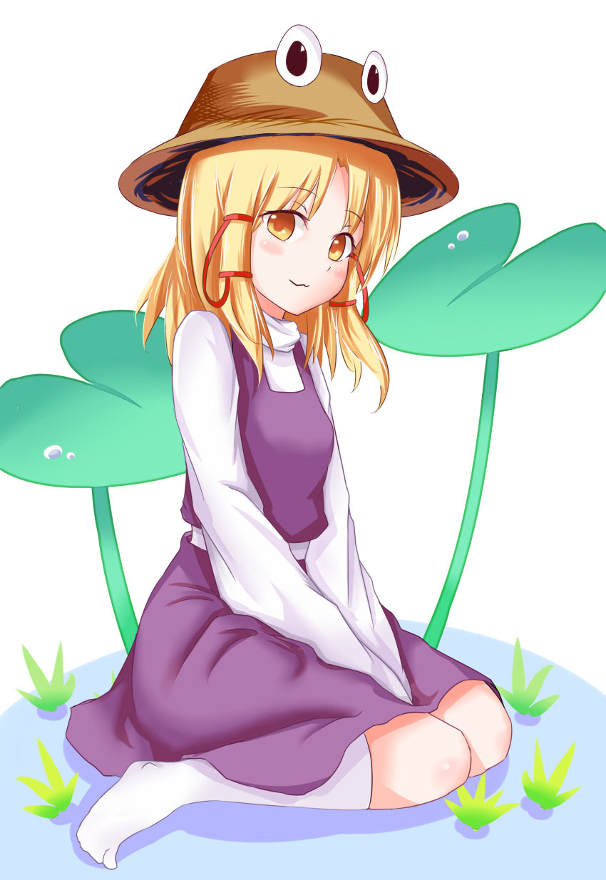 1girl :3 absurdres blonde_hair blush breasts closed_mouth from_side full_body hair_ribbon hat highres long_sleeves looking_at_viewer looking_to_the_side moriya_suwako oaid purple_skirt purple_vest red_ribbon ribbon shirt sitting skirt skirt_set small_breasts smile solo tabi touhou tress_ribbon v_arms vest wariza white_legwear white_shirt yellow_eyes