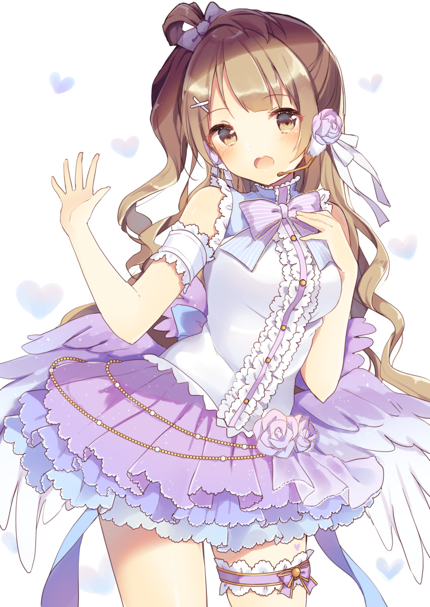 1girl arm_garter blush bow brown_eyes brown_hair flower frilled_skirt frills hair_bow hair_flower hair_ornament hair_ribbon headset highres leg_garter long_hair looking_at_viewer love_live! love_live!_school_idol_project minami_kotori open_mouth purple_bow purple_skirt ribbon shiino_sera side_ponytail skirt solo standing striped striped_bow x_hair_ornament