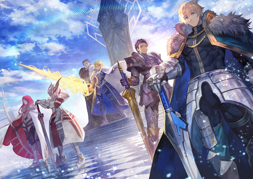 3boys 3girls agravain_(fate/grand_order) armor armored_dress artoria_pendragon_lancer_(fate/grand_order) blonde_hair blue_dress blue_eyes blue_sky bow bow_(weapon) breastplate cape checkered checkered_floor clarent closed_mouth clouds cloudy_sky commentary_request day dress excalibur_galatine fate/apocrypha fate/extra fate/grand_order fate_(series) faulds full_armor fur_trim gawain_(fate/extra) glowing glowing_weapon greaves green_eyes hand_on_hilt helmet highres holding holding_bow_(weapon) holding_sword holding_weapon lack lance lancelot_(fate/grand_order) long_hair looking_at_viewer multiple_boys multiple_girls outdoors pauldrons polearm purple_hair redhead rhongomyniad saber saber_of_red short_hair sky standing sword throne tristan_(fate/grand_order) weapon