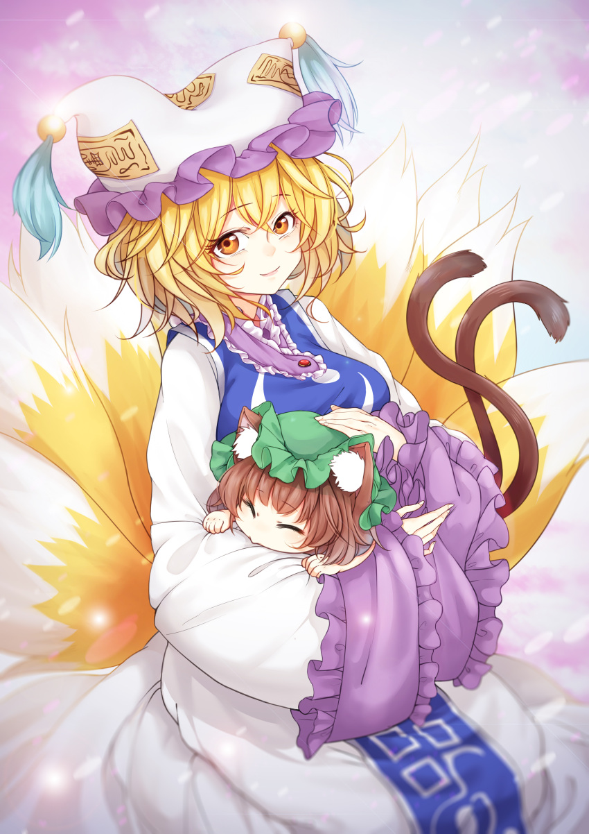 2girls absurdres animal_ears artist_request bangs blonde_hair brown_hair cat_ears cat_tail chen closed_eyes fox_tail green_hat hat highres long_sleeves looking_at_viewer mob multiple_girls multiple_tails ofuda orange_eyes pillow_hat smile tabard tail touhou two_tails wide_sleeves yakumo_ran