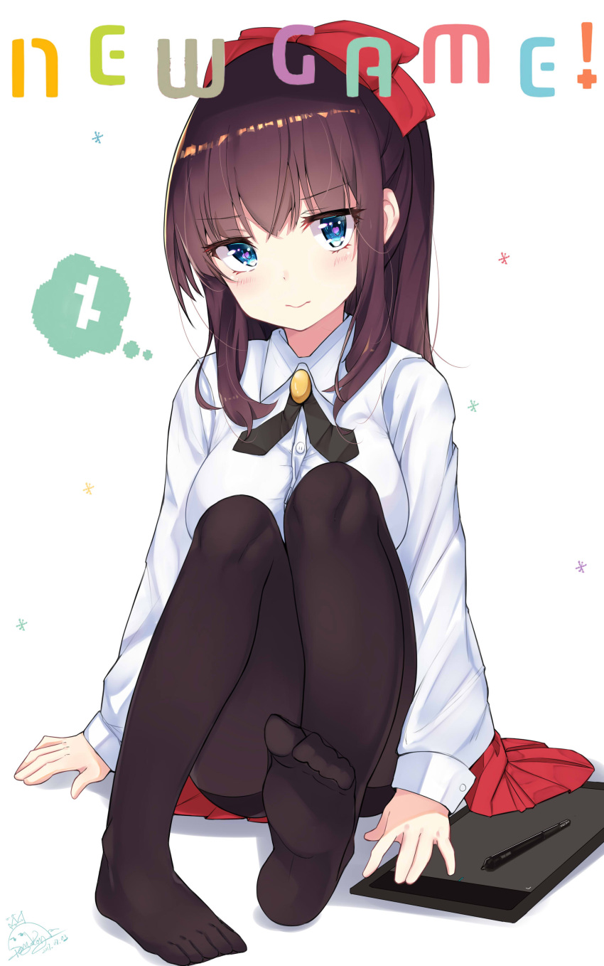 1girl absurdres black_legwear blue_eyes blush bow breasts brown_hair copyright_name dated eyebrows_visible_through_hair feet full_body hair_bow highres long_hair long_sleeves looking_at_viewer medium_breasts new_game! no_shoes pantyhose peng_yong red_bow signature sitting soles solo stylus tablet takimoto_hifumi toes