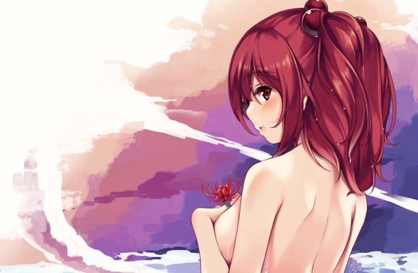 1girl bag blush breasts eyebrows_visible_through_hair flower from_behind hair_bobbles hair_ornament highres looking_at_viewer maremay0513 medium_breasts nude onozuka_komachi open_mouth profile red_eyes redhead signature solo touhou twintails upper_body wet wet_hair