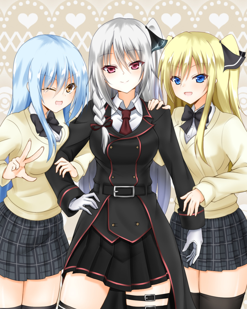 1girl :d ;d amagiri_tsukuyo arm_hug bangs belt_buckle black_belt black_bow black_bowtie black_coat black_legwear black_ribbon black_skirt blonde_hair blue_eyes blue_hair bow bowtie braid breast_press breasts brown_background brown_eyes brown_necktie brown_ribbon buckle buttons closed_mouth commentary_request cowboy_shot denpa_(denpae29) double-breasted elona_(denpa) eyebrows_visible_through_hair girl_sandwich gloves hair_between_eyes hair_ribbon hand_on_another's_shoulder hand_on_hip hand_up head_tilt heart highres legs_together long_hair long_sleeves looking_at_viewer medium_breasts medium_skirt necktie one_eye_closed open_mouth original pink_eyes pleated_skirt ribbon rie_kaori sandwiched school_uniform shiny shiny_hair side_braid sidelocks silver_hair skirt smile solo standing sweater thigh-highs thigh_strap two_side_up v-neck w white_gloves yellow_sweater