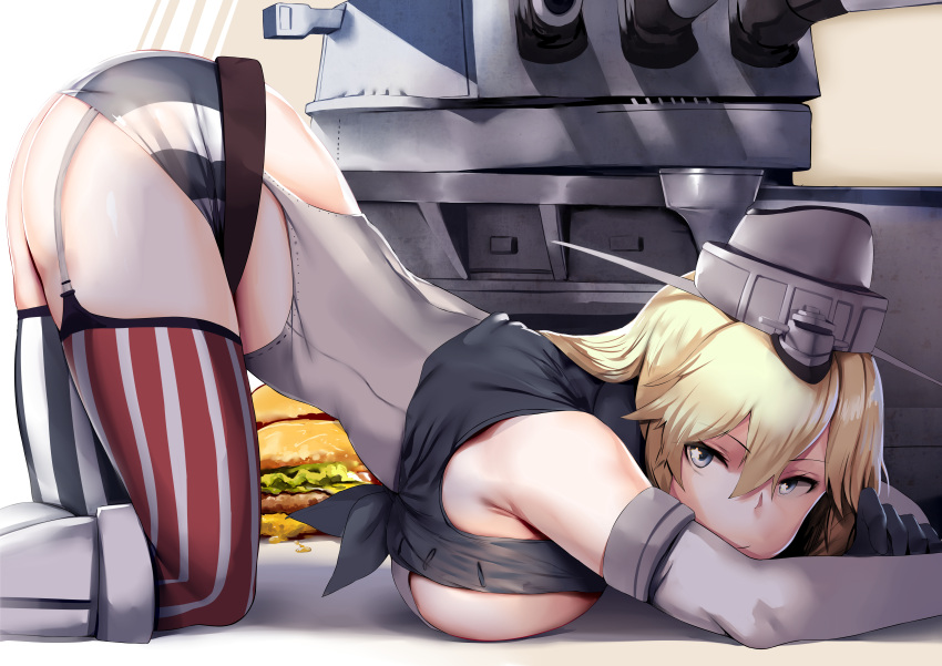 10s 1girl absurdres american_flag_legwear ass bare_shoulders bent_over blonde_hair blue_eyes boots breast_press breasts cannon elbow_gloves fingerless_gloves flag_print food from_side front-tie_top garter_straps gloves grey_gloves hair_between_eyes hamburger headgear hews_hack highres huge_filesize iowa_(kantai_collection) kantai_collection knee_boots large_breasts long_hair looking_at_viewer machinery microskirt mismatched_legwear navel_cutout patreon_reward pencil_skirt skirt solo star star-shaped_pupils striped striped_legwear symbol-shaped_pupils thigh-highs thighs top-down_bottom-up vertical-striped_legwear vertical-striped_skirt vertical_stripes