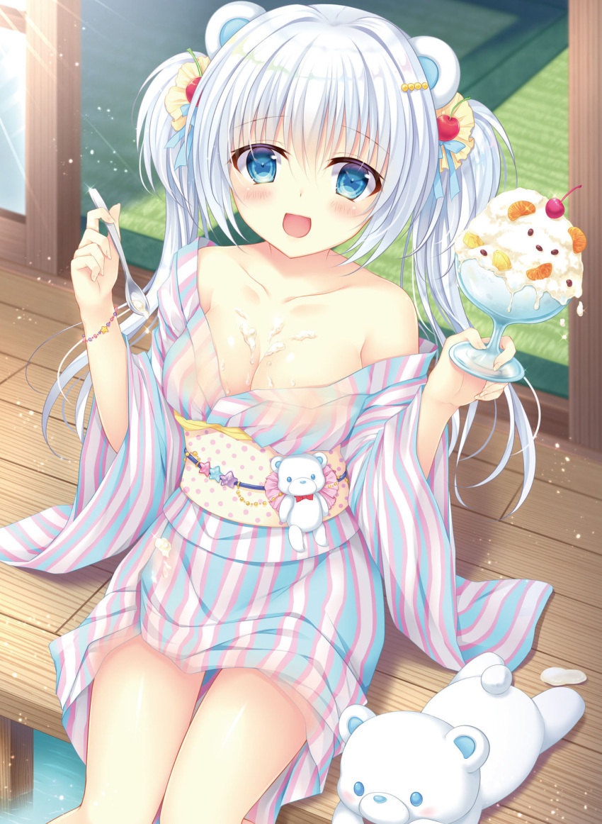1girl :d animal_ears artist_request bare_shoulders bear_ears blue_eyes blush breasts cleavage collarbone cream_on_body day eyebrows_visible_through_hair hair_between_eyes hair_ornament hair_scrunchie highres holding holding_spoon japanese_clothes kimono kimono_skirt long_hair looking_at_viewer medium_breasts obi open_mouth original outdoors sash scrunchie silver_hair sitting smile solo striped twintails vertical-striped_kimono vertical_stripes wooden_floor