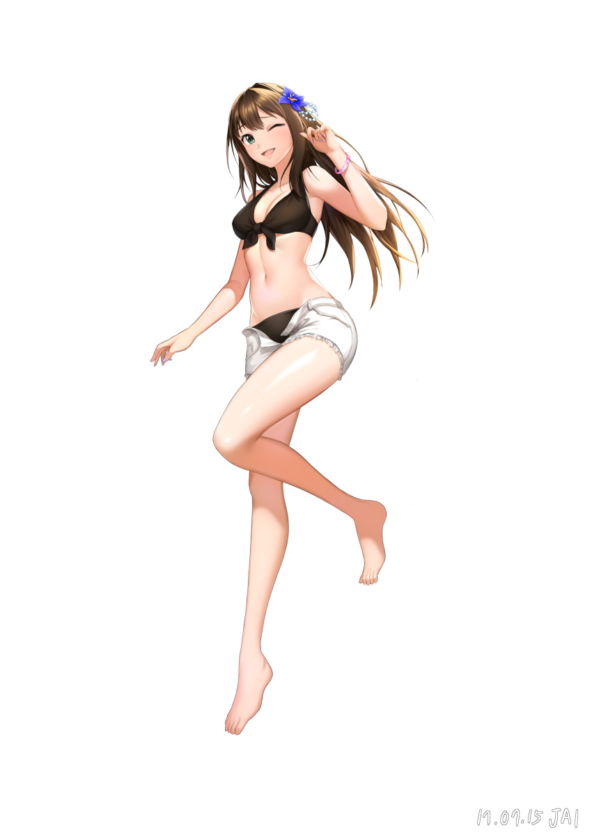 1girl absurdres barefoot blush breasts brown_hair cleavage eyebrows_visible_through_hair flower full_body green_eyes hair_flower hair_ornament highres idolmaster idolmaster_cinderella_girls jai_(whany1998) large_breasts long_hair looking_at_viewer navel parted_lips shibuya_rin smile solo
