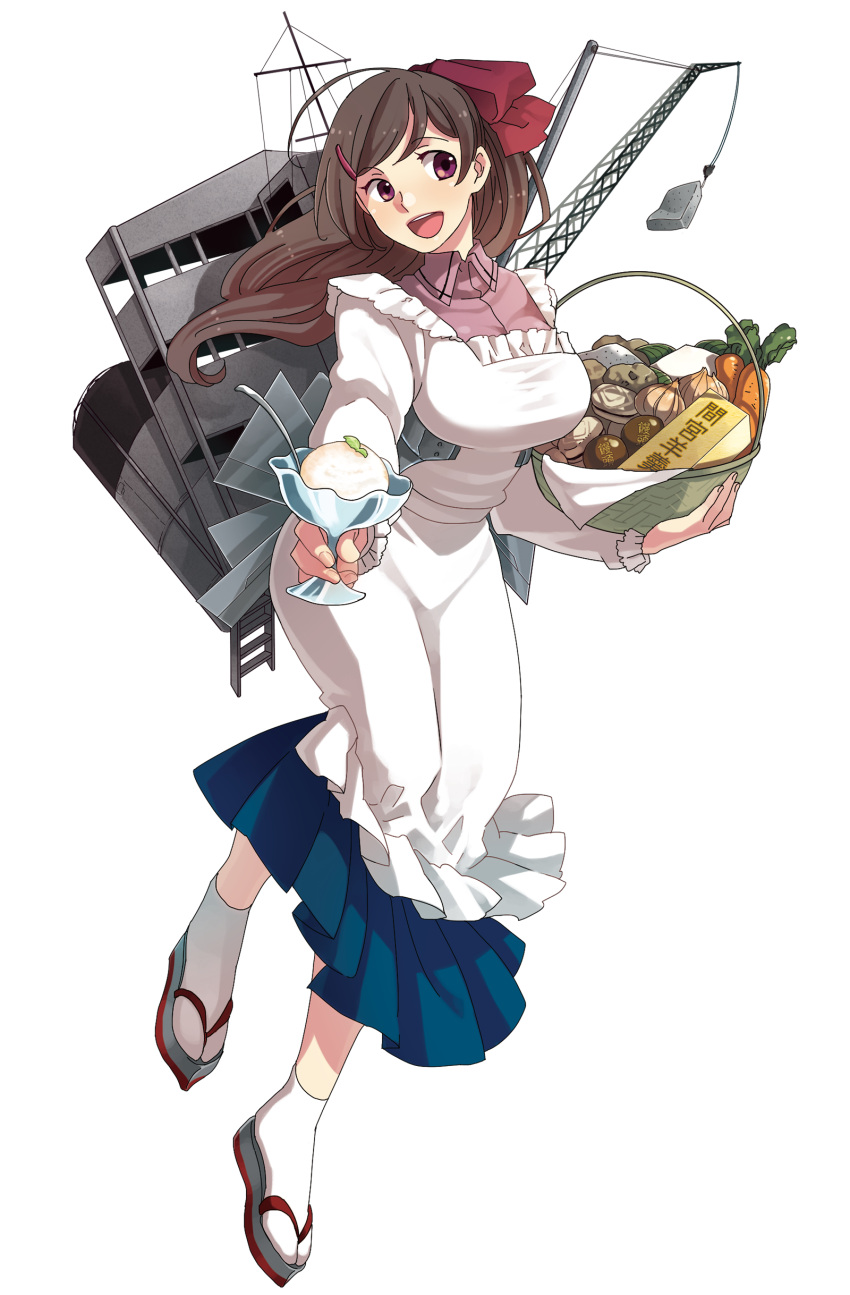 10s 1girl absurdres apron artist_request basket bow bowl brown_hair carrot crane food hair_bow hair_ornament hairclip highres hobble_skirt ice_cream kantai_collection looking_to_the_side macaron mamiya_(kantai_collection) mushroom official_art onion pink_shirt red_bow rigging sandals shirt smile solo spoon tabi tofu translation_request violet_eyes