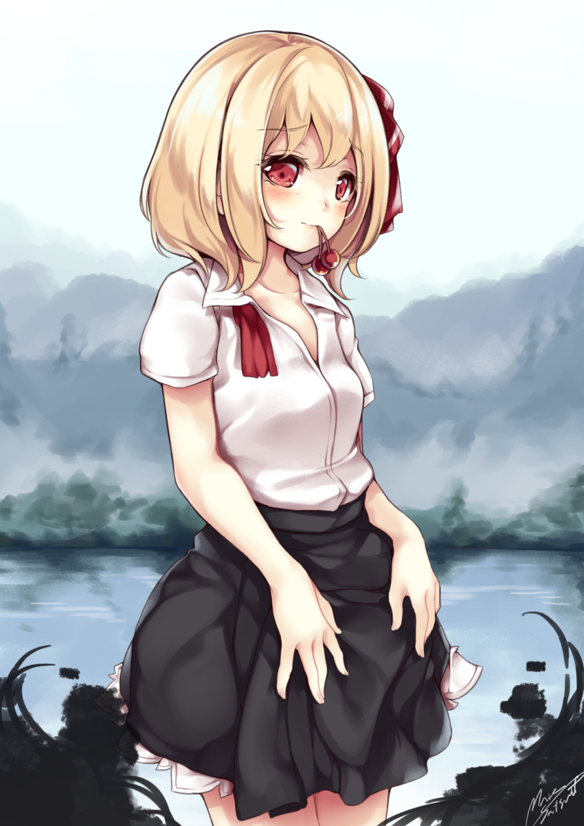1girl bangs black_skirt blonde_hair blush bow cherry closed_mouth collared_shirt cowboy_shot eyebrows_visible_through_hair food fruit hair_bow highres looking_at_viewer maremay0513 mouth_hold outdoors pleated_skirt red_bow red_eyes rumia shirt short_hair short_sleeves signature skirt solo touhou white_shirt