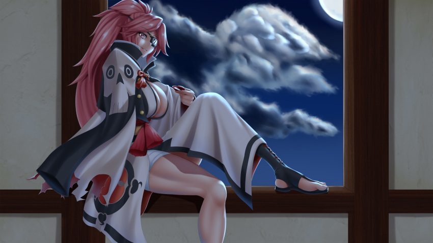 1girl absurdres amputee baiken breasts choko_(cup) cleavage clouds cup eyepatch from_side guilty_gear guilty_gear_xrd highres japanese_clothes kimono large_breasts long_hair long_sleeves looking_at_viewer looking_to_the_side night obi one-eyed parted_lips pink_hair ponytail sash scar scar_across_eye sitting smile solo tama_(tamakaka1031) very_long_hair wide_sleeves yellow_eyes