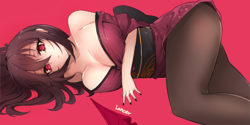 1girl bare_shoulders black_nails breasts cleavage fate/grand_order fate_(series) gae_bolg huyou_(awegk) japanese_clothes kimono large_breasts long_hair looking_at_viewer lying nail_polish on_side pantyhose purple_background purple_hair red_eyes scathach_(fate/grand_order) short_kimono solo