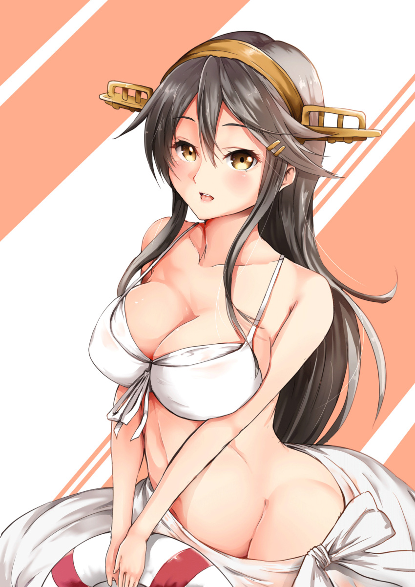 10s 1girl bikini black_hair blush breast_suppress breasts collarbone front-tie_bikini front-tie_top hair_ornament hairclip haruna_(kantai_collection) headgear highres kantai_collection large_breasts lifebouy long_hair looking_at_viewer open_mouth remodel_(kantai_collection) sarong sezoku solo striped striped_background swimsuit teeth upper_body yellow_eyes