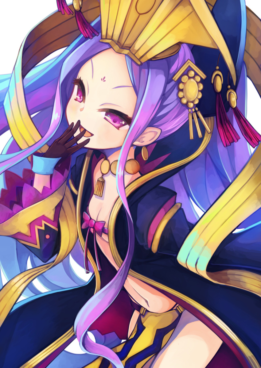 &gt;:d 1girl :d black_gloves breasts earrings fate/grand_order fate_(series) from_side gloves hand_to_own_mouth head_tilt highres japanese_clothes jewelry loincloth long_hair long_sleeves navel open_mouth otogi_kyouka pink_eyes pointy_ears purple_hair small_breasts smile solo twintails very_long_hair wu_zetian_(fate/grand_order)