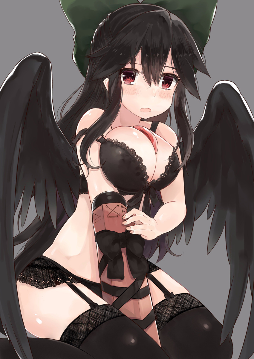 1girl absurdres arm_cannon between_breasts bird_wings black_bra black_hair black_legwear black_ribbon black_wings blush bow bra breast_squeeze breasts commentary_request garter_belt green_bow hair_bow highres large_breasts long_hair looking_at_viewer niseneko_(mofumofu_ga_ienai) red_eyes reiuji_utsuho ribbon simple_background solo thigh-highs third_eye touhou underwear underwear_only weapon wings